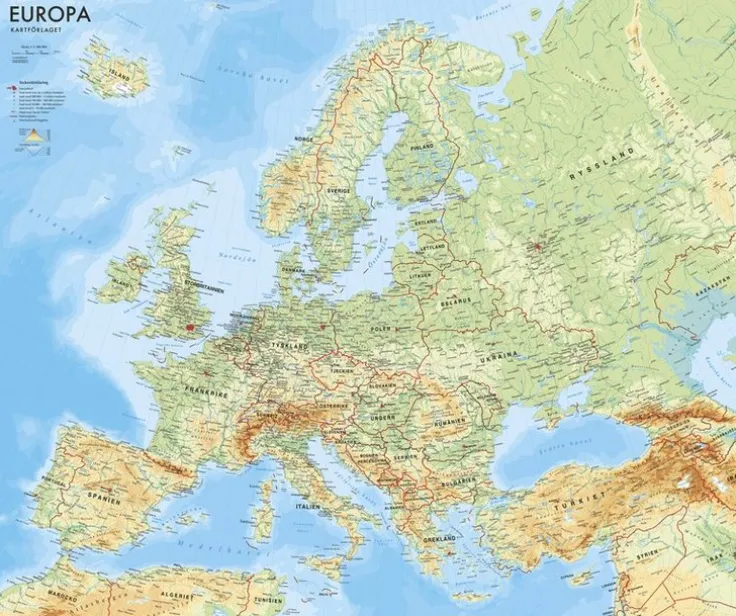 Europa väggkarta Kartförlaget 1:5,5 milj i papptub - LAMINERAD
